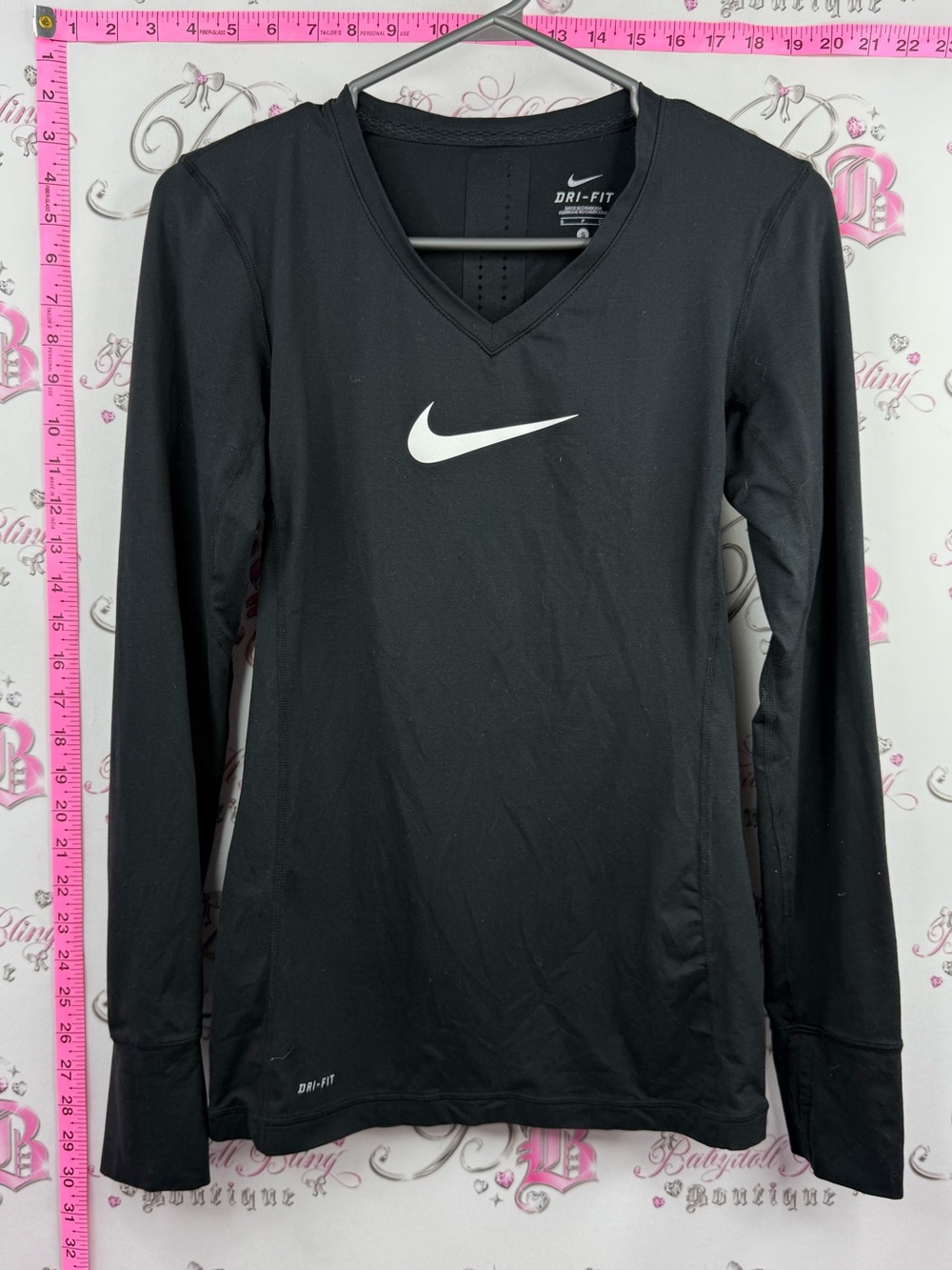 Nike dri fit Black Long Sleeve Dri-FIT V-Neck Top with White Swoosh